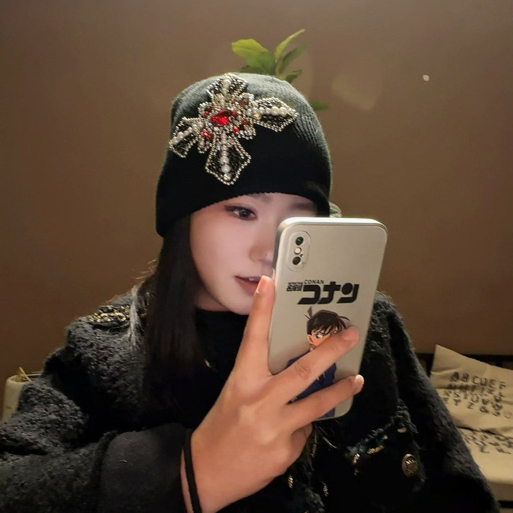 Rhinestone Cross Gem Knit Beanie Multi‑Style Streetwear Unisex