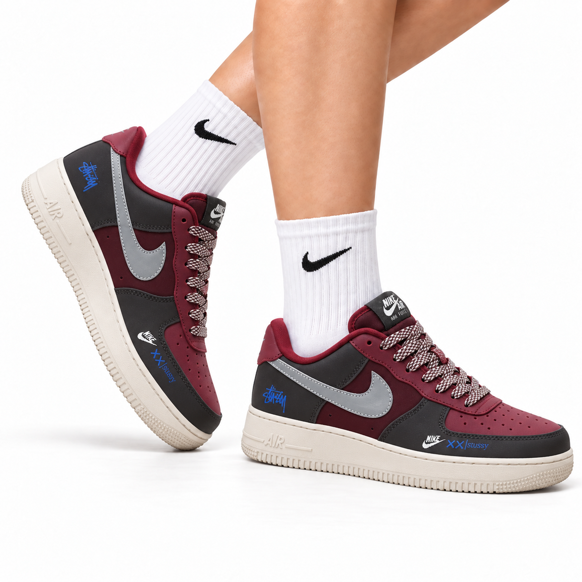 Nike Air Force 1 Low Burgundy Silver Unisex Sneakers Style 09