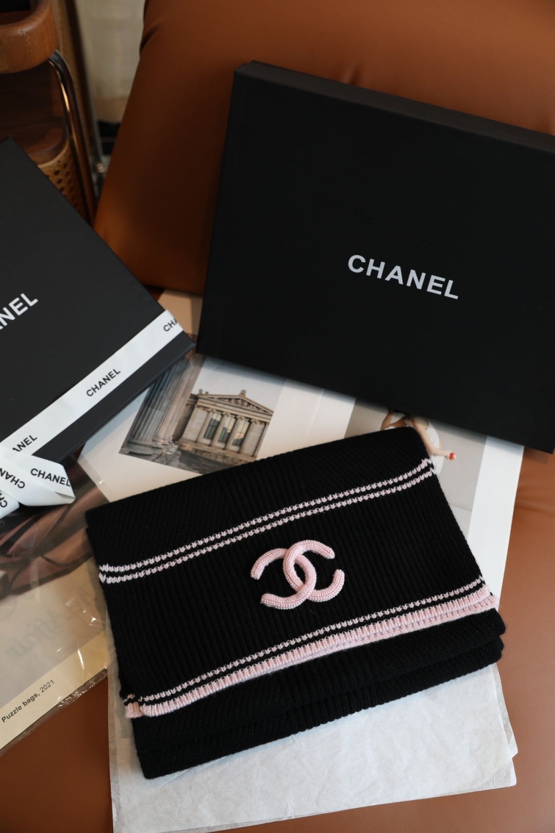 Chanel Style Rib-Knit Logo Scarf
