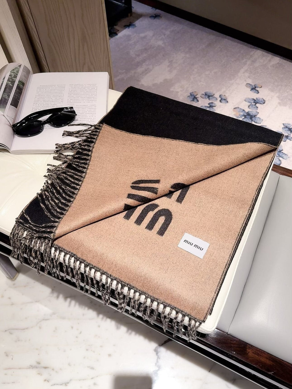 Miu Miu Style Oversized Logo Fringe Scarf