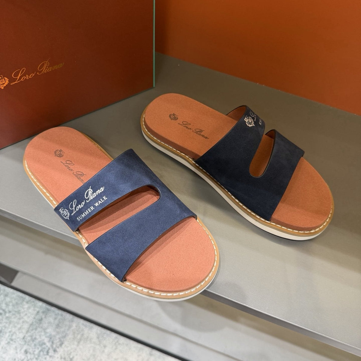 Loro Piana Navy Cutout Slide Sandals