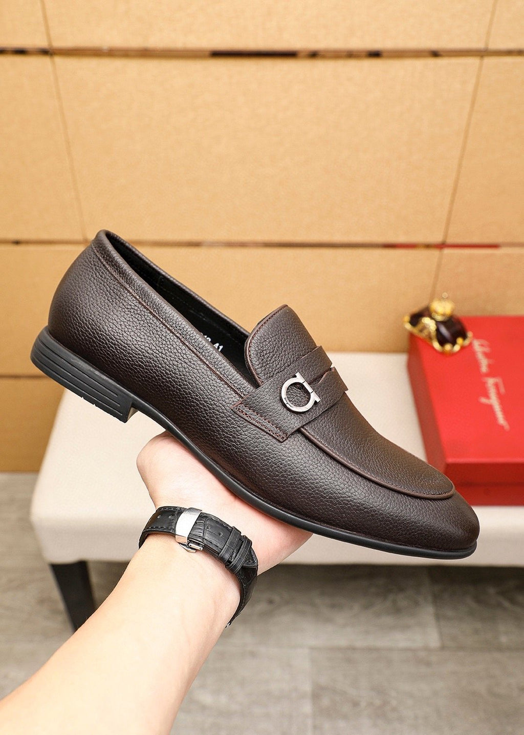 Ferragamo Textured Metal-Strap Loafers