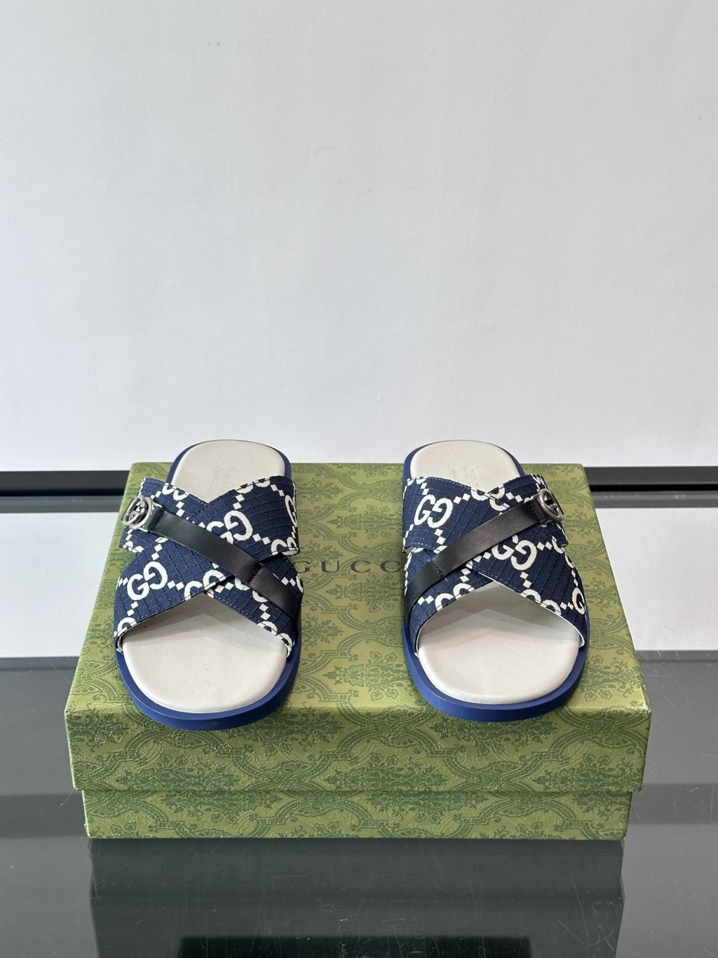 Gucci Gray and Black Cross-Strap Slide Sandals