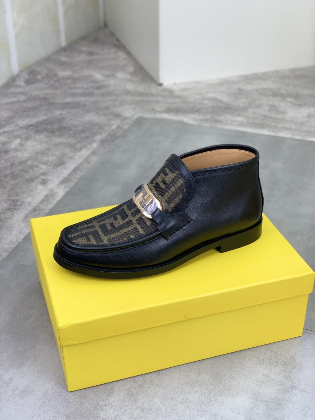 Fendi Men's Black and Brown Monogram Buckle Ankle Boots